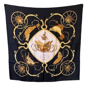 Hermes Vintage Vintage Silk Scarf 'Springs' 100% Silk 90cm Square Black Gold